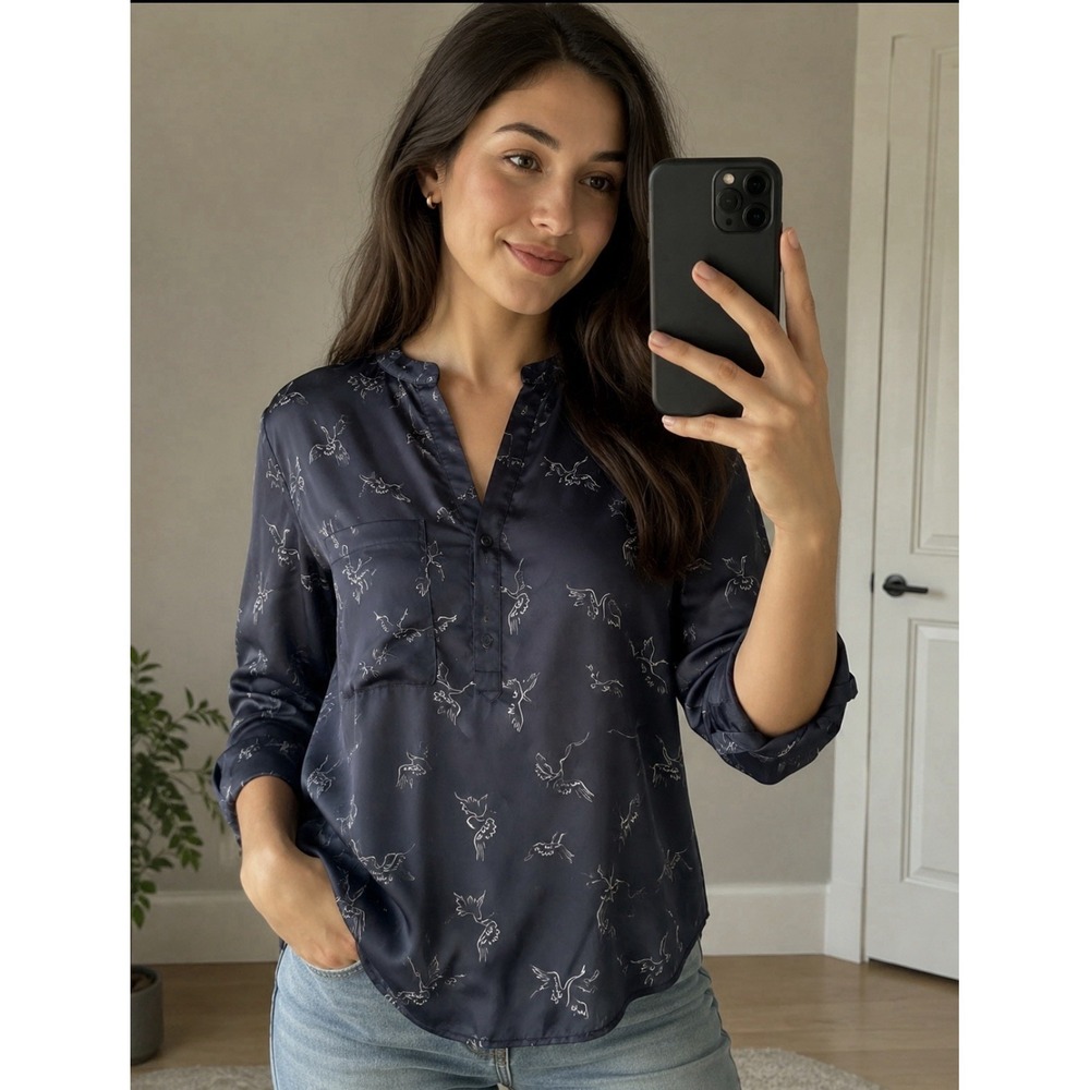 Zara Basic Women's Bird Print Button Down Top Shirt Blouse S